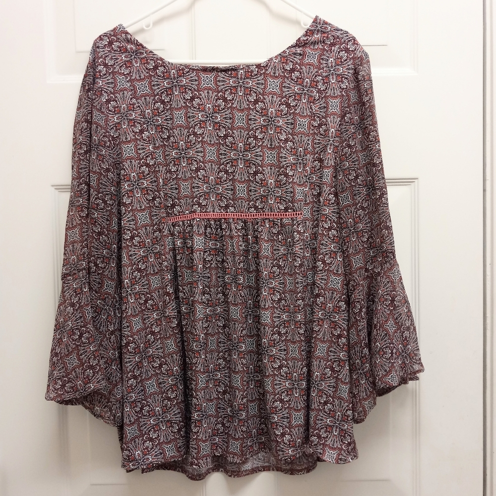 Roz & Ali Women's Boho Peasant Top XL Flowy Bell Sleeve Crochet Trim Fairy